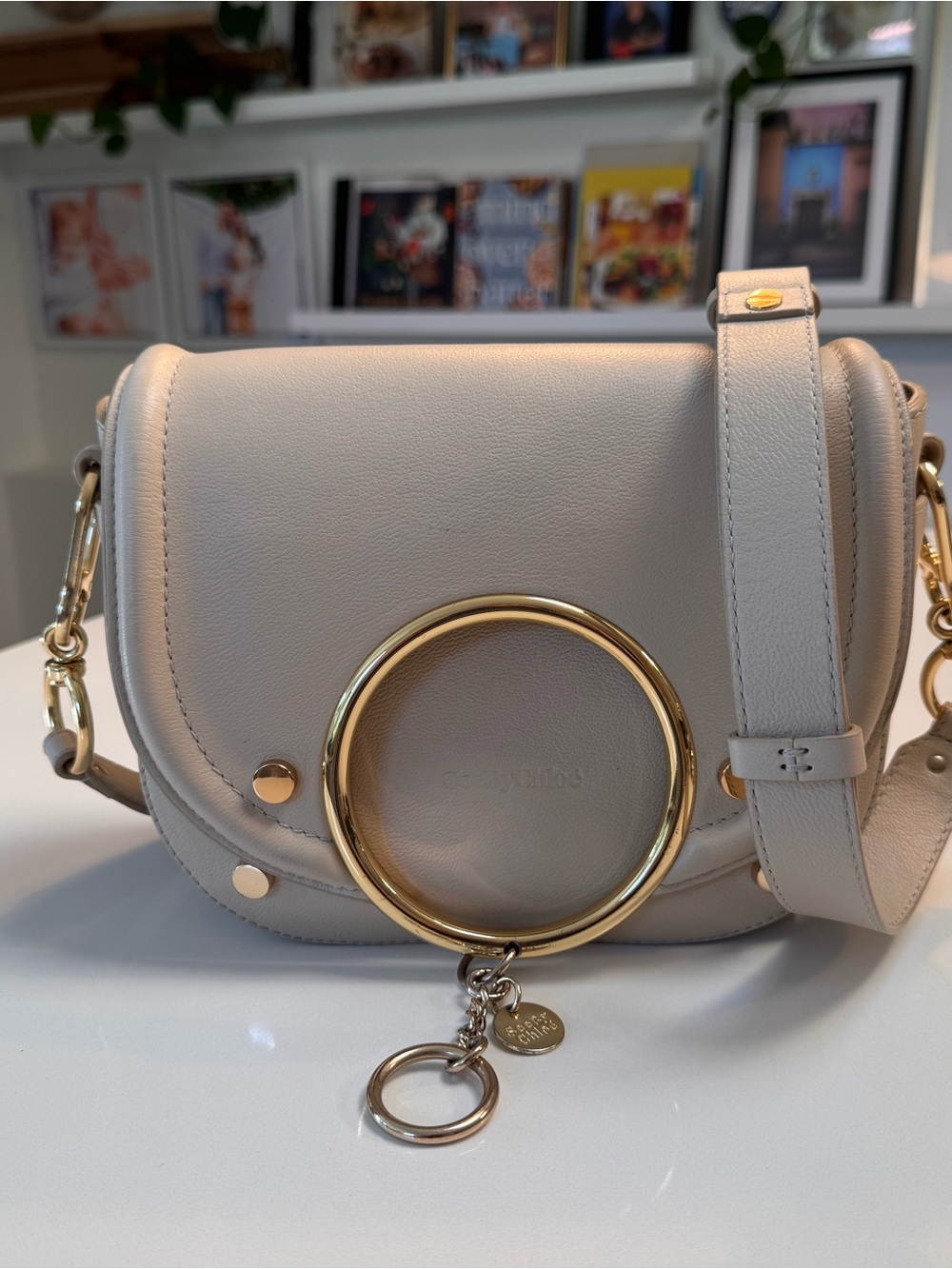 SEE BY CHLOE Leather Shoulder Crossbody Bag Greige Metal Ring